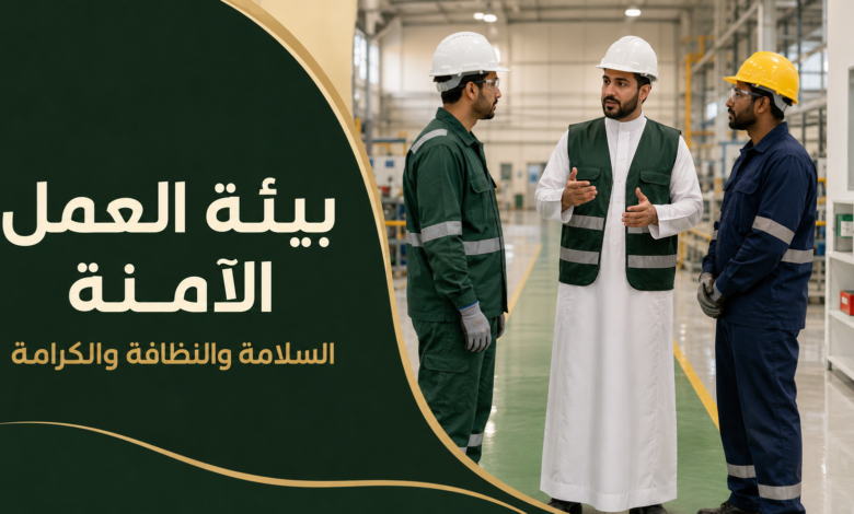 بيئة العمل الآمنة في نظام العمل السعودي وواجبات صاحب العمل في السلامة والنظافة وحماية كرامة العامل.