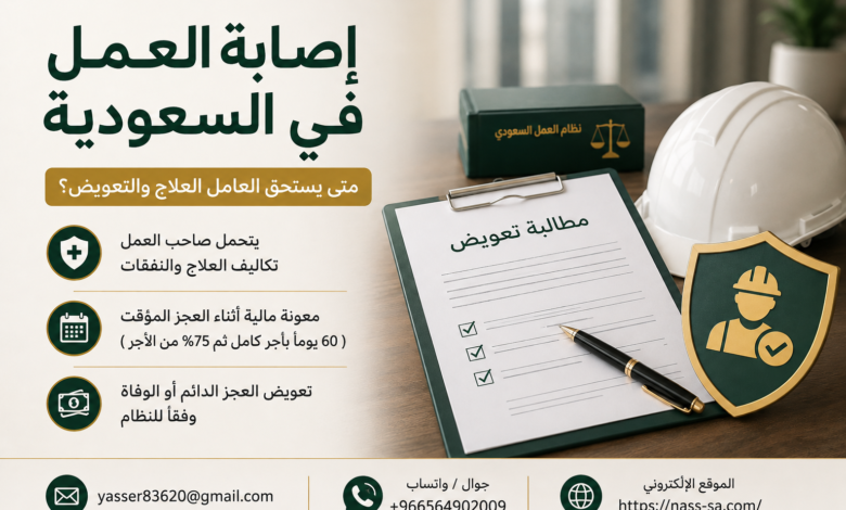 إصابة العمل في السعودية و العلاج والتعويض وحقوق العامل عند العجز