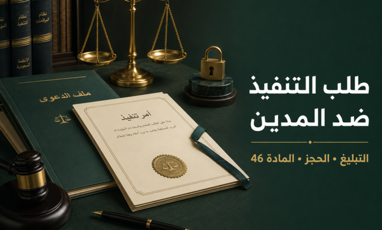 طلب التنفيذ ضد المدين ومراحل التبليغ والحجز وإجراءات المادة 46 في نظام التنفيذ السعودي