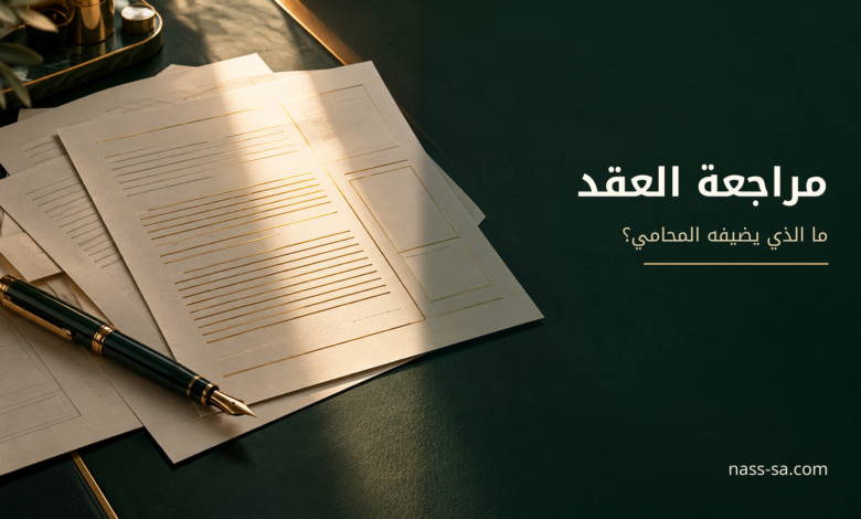 مستندات عقد وقلم مع عنوان مراجعة العقد قبل إبرامه: ماذا يضيف المحامي؟