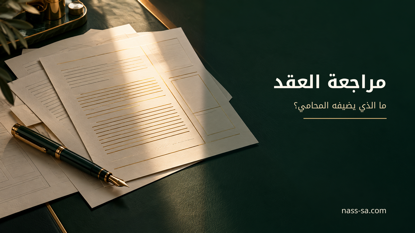 مستندات عقد وقلم مع عنوان مراجعة العقد قبل إبرامه: ماذا يضيف المحامي؟