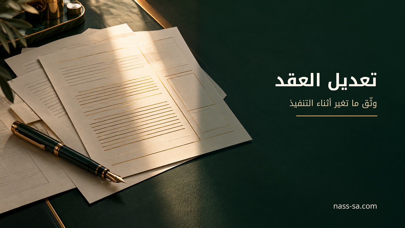 مستندات عقد وقلم مع عنوان تعديل العقد أثناء التنفيذ: كيف تحفظ حقوق الطرفين؟